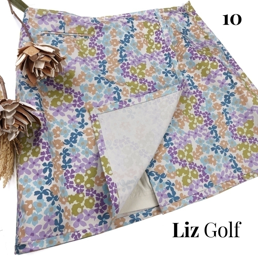 New Liz Golf Tennis Floral Print Purple Gray Wrap Skort Sz 10